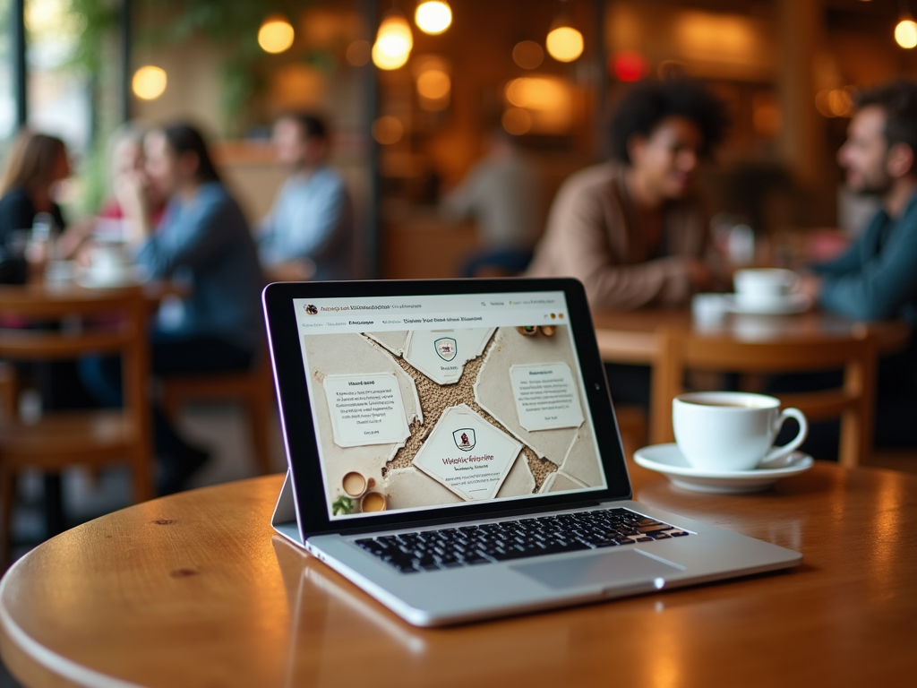 Laptop displaying a website on a coffee shop table, with blurred people talking in the background.