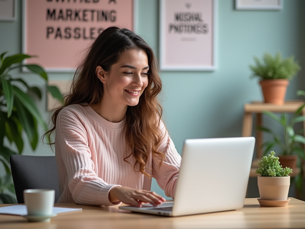 Smiling woman working on laptop in a cozy office with motivational posters and plants.