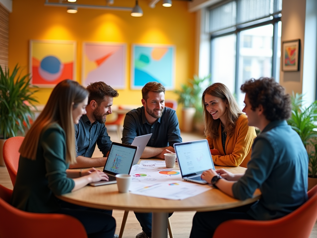 Five professionals engaged in a discussion around a table with laptops in a vibrant office.