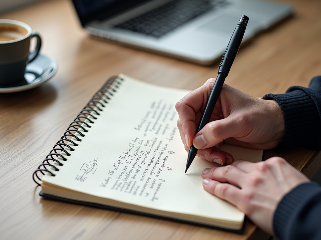 A person writing in a spiral notebook with a black pen, next to a cup of coffee and a laptop.