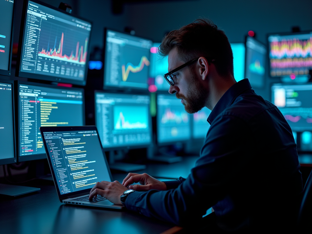 Man works at desk with multiple screens showing graphs and code.