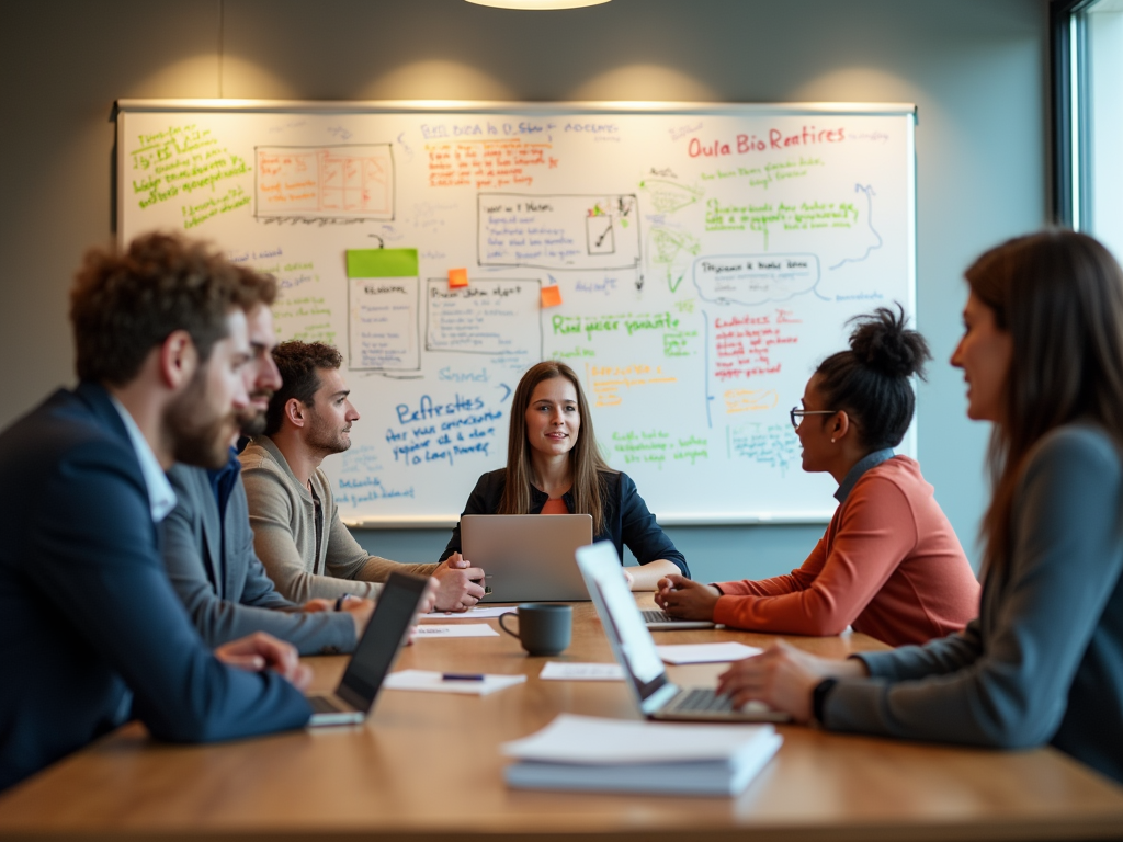 A group meeting around a table, discussing ideas with notes and charts on a whiteboard in the background.