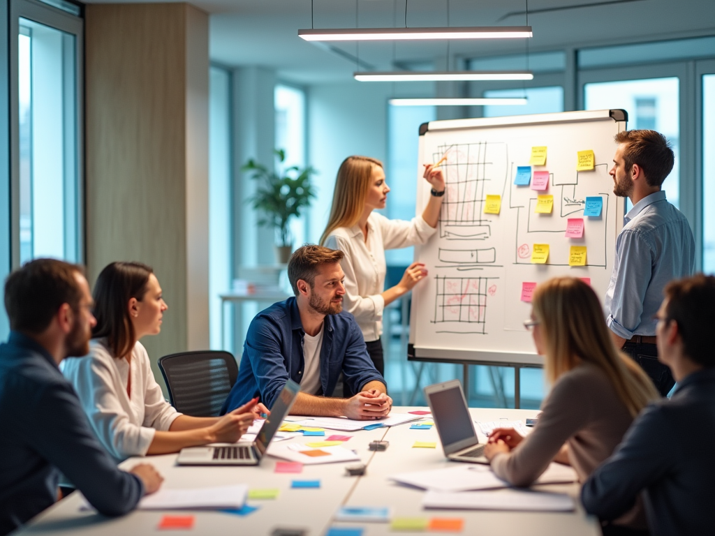 Team listens as woman presents project plans on whiteboard in bright office.