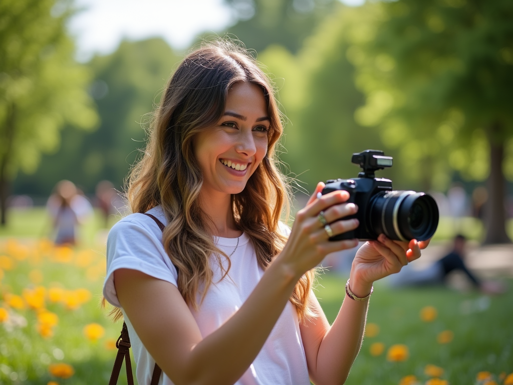 Smiling woman holding a camera in a sunny park with green trees and flowers.