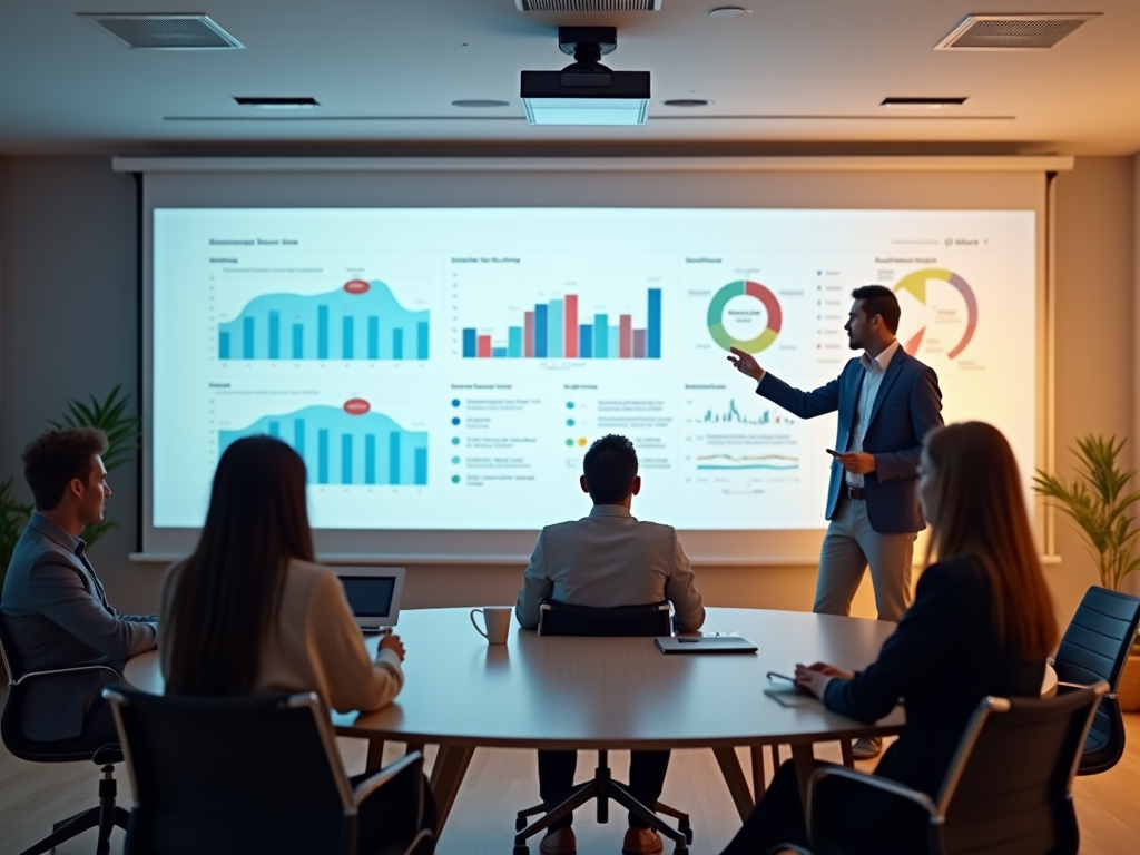 A man presenting data charts to colleagues in a meeting room.