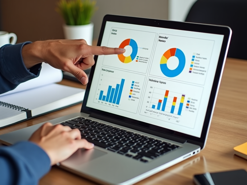 Two people analyzing colorful data charts on a laptop screen.