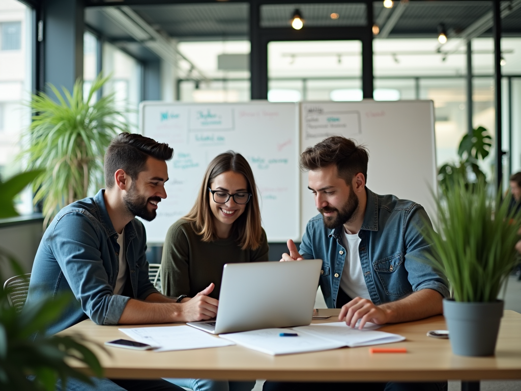 Three young professionals collaborate around a laptop in a modern office, smiling and engaged in discussion.