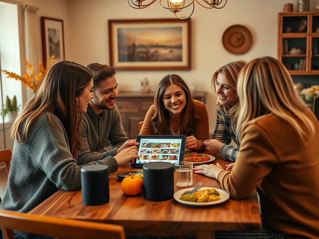 A group of five friends gathers around a table, sharing food and looking at a tablet together, smiling and laughing.