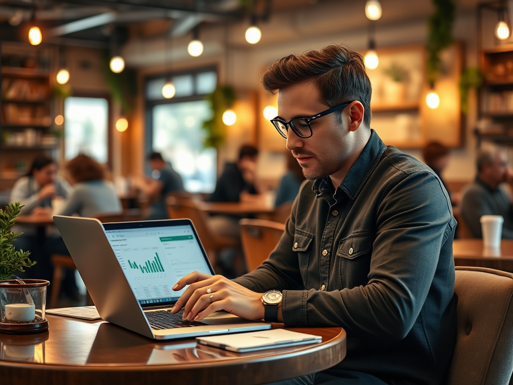 A man working on a laptop in a cozy café, focused on data analysis, with a lively background of other customers.