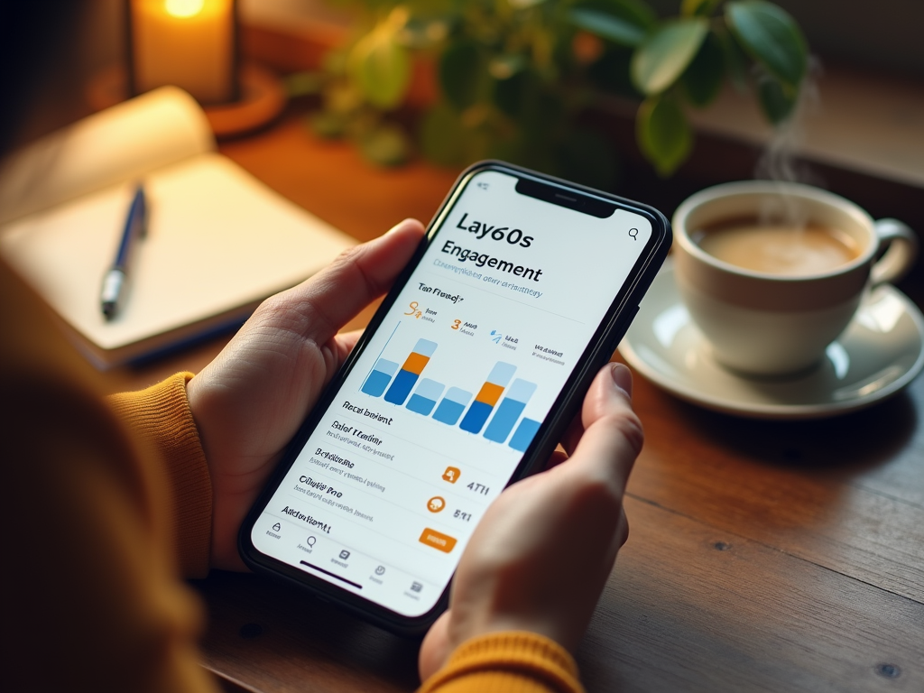 Person checking engagement analytics on smartphone at a cozy desk with coffee and notebook.