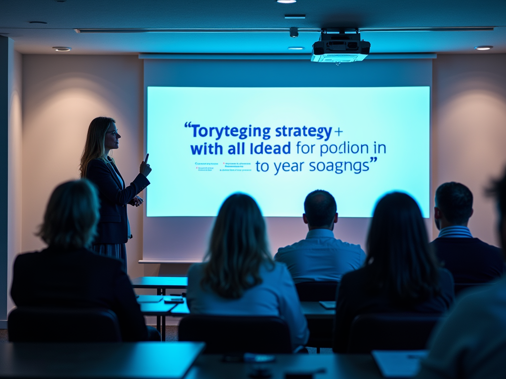 Woman presenting with a projector in a dim room to an audience. PowerPoint slide contains garbled text.