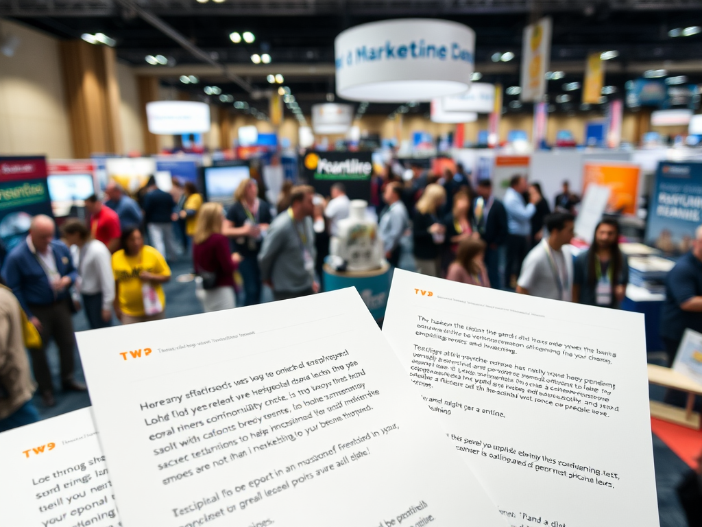 A busy conference scene with attendees networking and informational materials in focus in the foreground.
