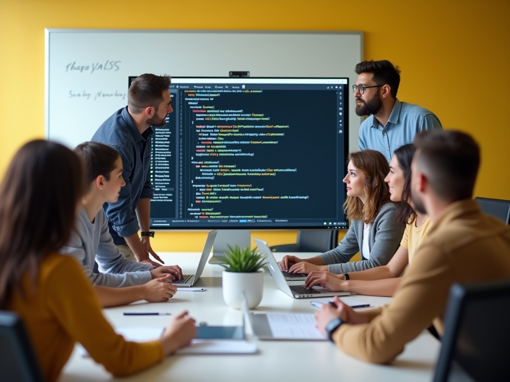 A group of professionals discusses coding on a large screen during a meeting in a bright office.