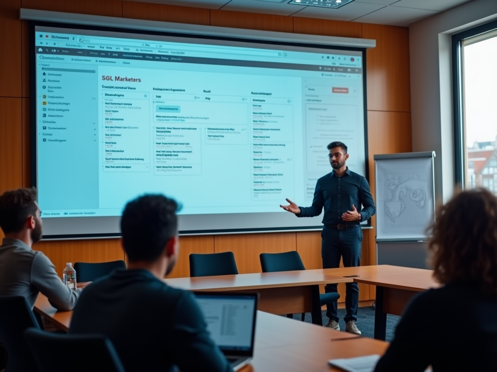 Man presenting SQL database screen in a conference room to attentive audience.