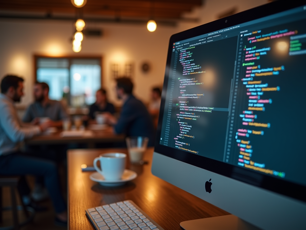 A close-up of a computer screen displaying code, with a blurred background of people engaged in conversation over coffee.