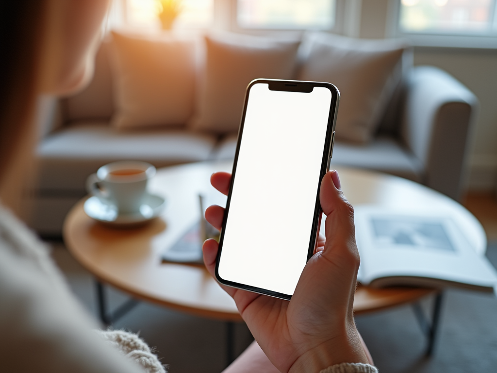 Женщина держит смартфон с белым экраном в уютной комнате с чашкой чая.