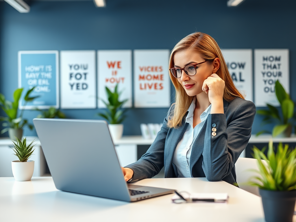 A professional woman in a suit works on a laptop in a bright office decorated with plants and motivational posters.