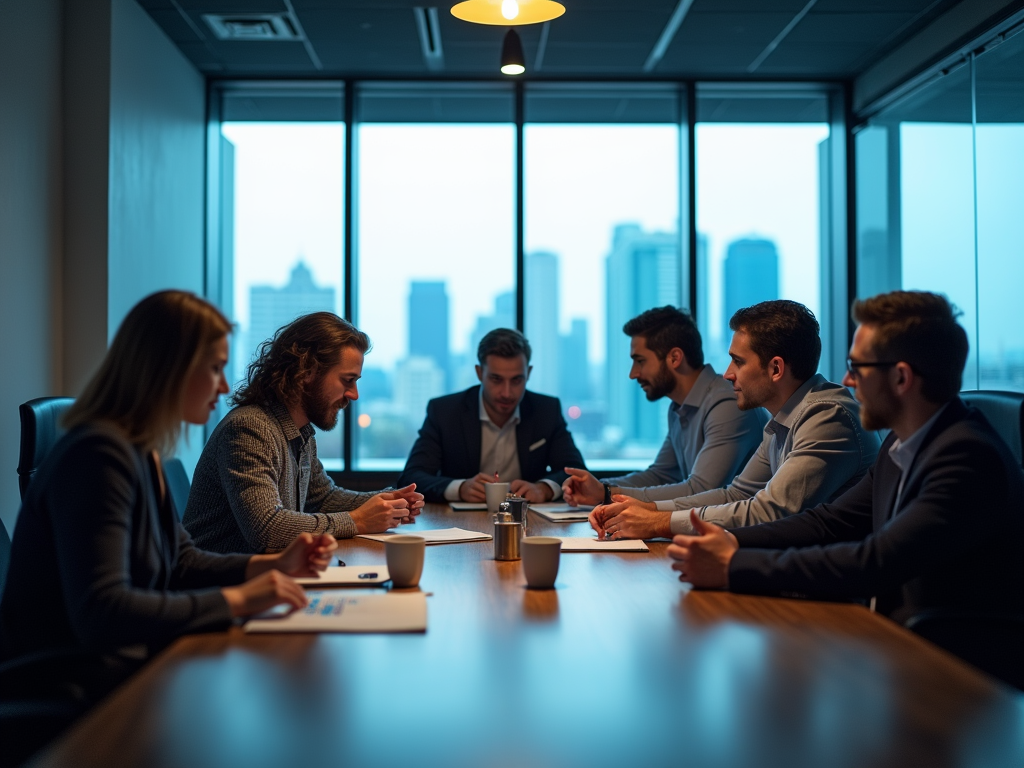 A group of six professionals in a conference room is engaged in a serious discussion with city views outside.