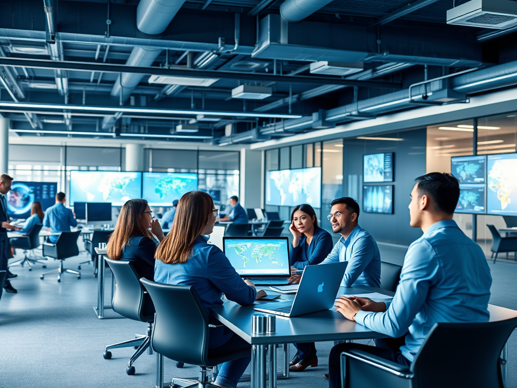 A group of professionals in a modern office discussing and collaborating around laptops and large screens.