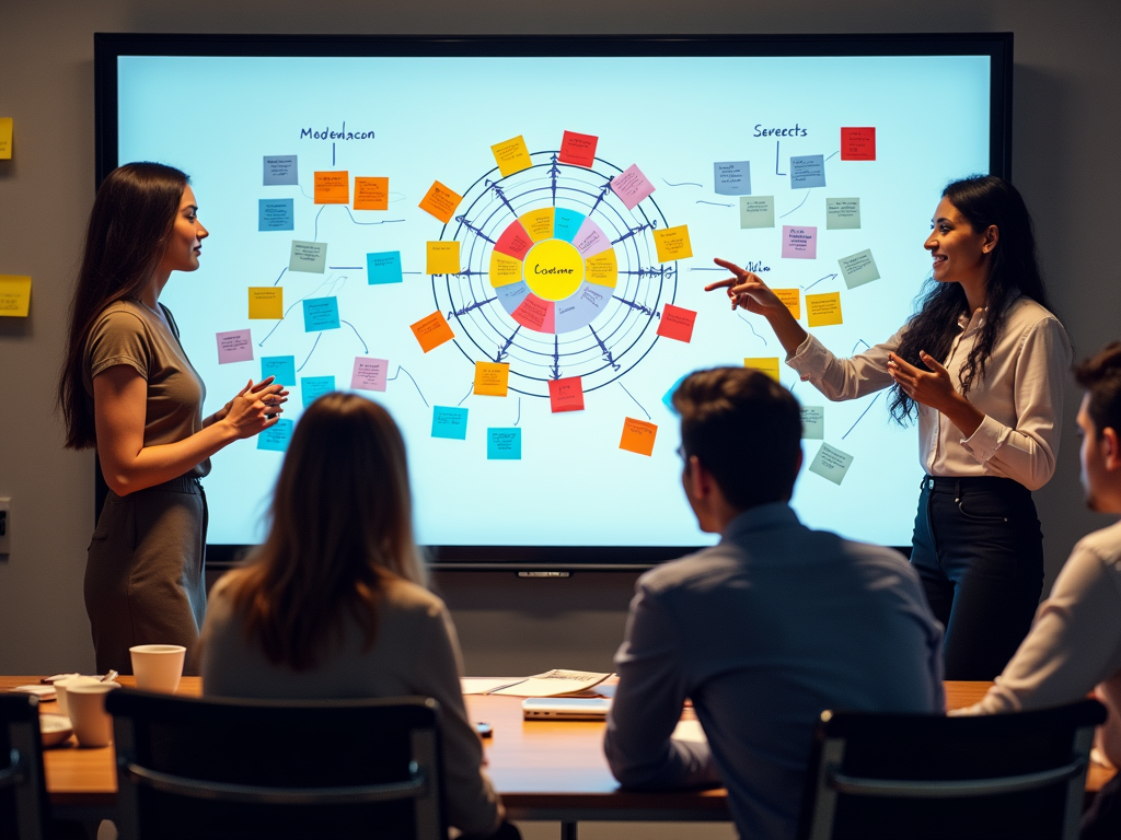 Two women presenting a colorful mind map on a screen to colleagues in a meeting room.