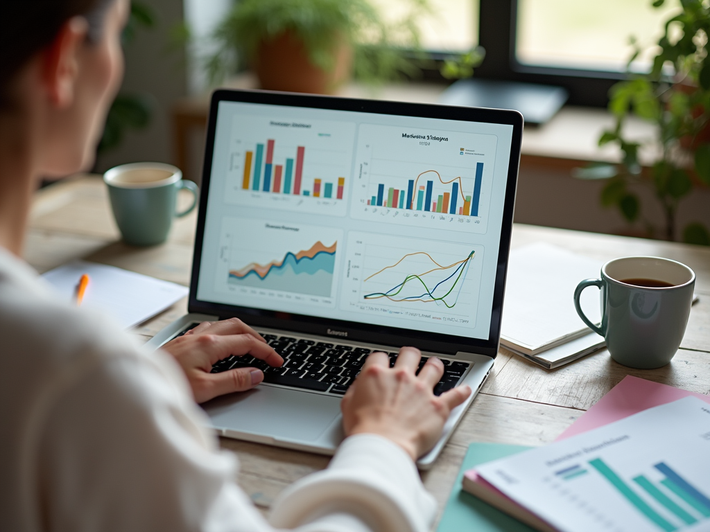 Woman analyzes financial data on laptop with charts and graphs, cup of coffee nearby.