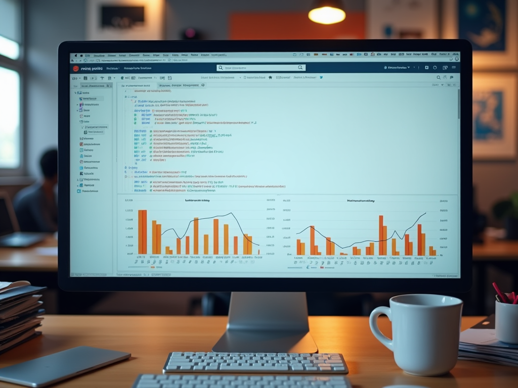 Computer screen displaying code and data analysis graphs in an office environment.