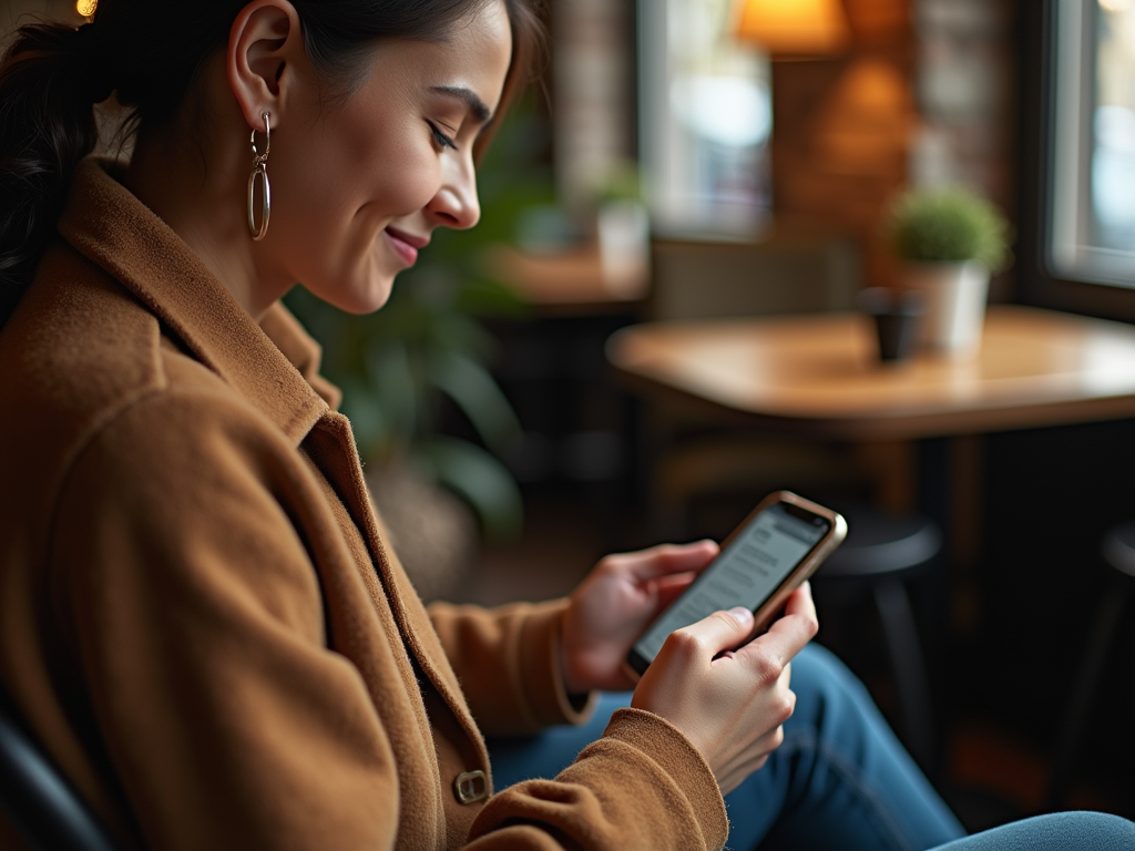 A woman in a tan coat smiling as she looks at her smartphone in a cozy cafe setting.