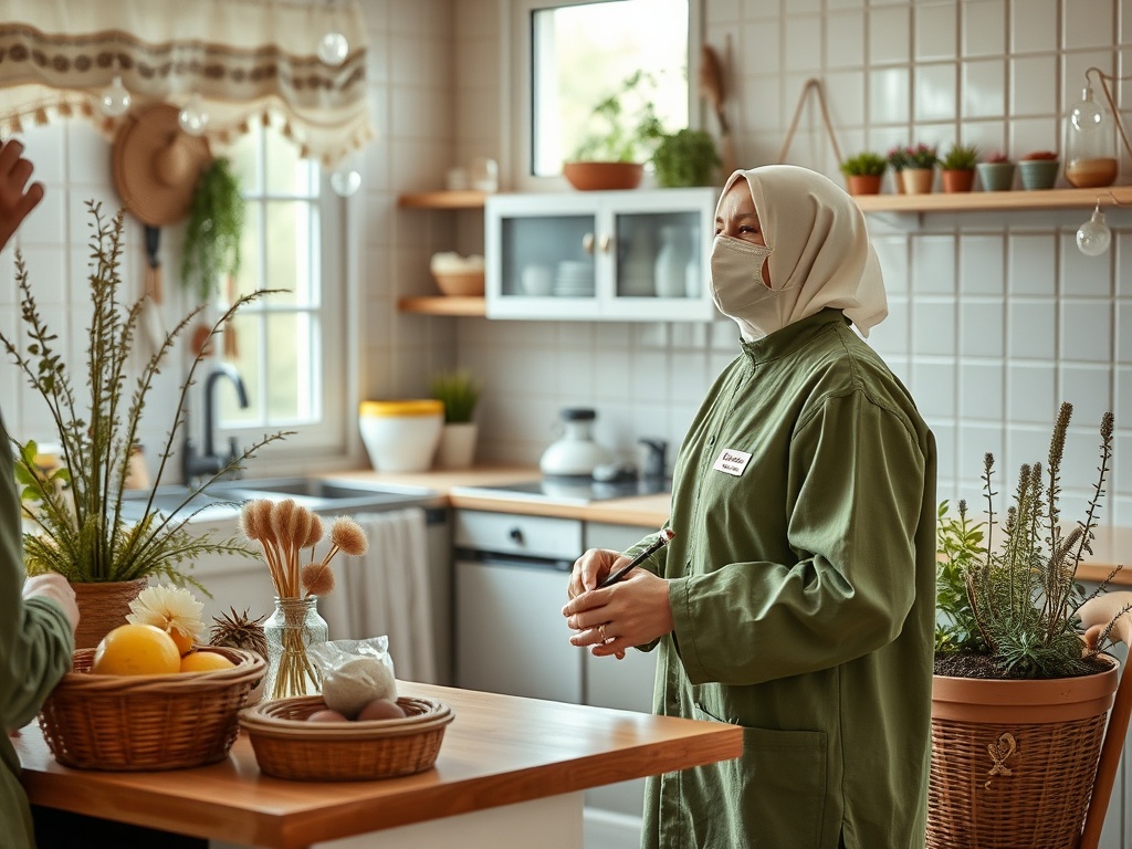 A woman in a green apron and mask stands in a bright kitchen, surrounded by plants and baskets of fruits.