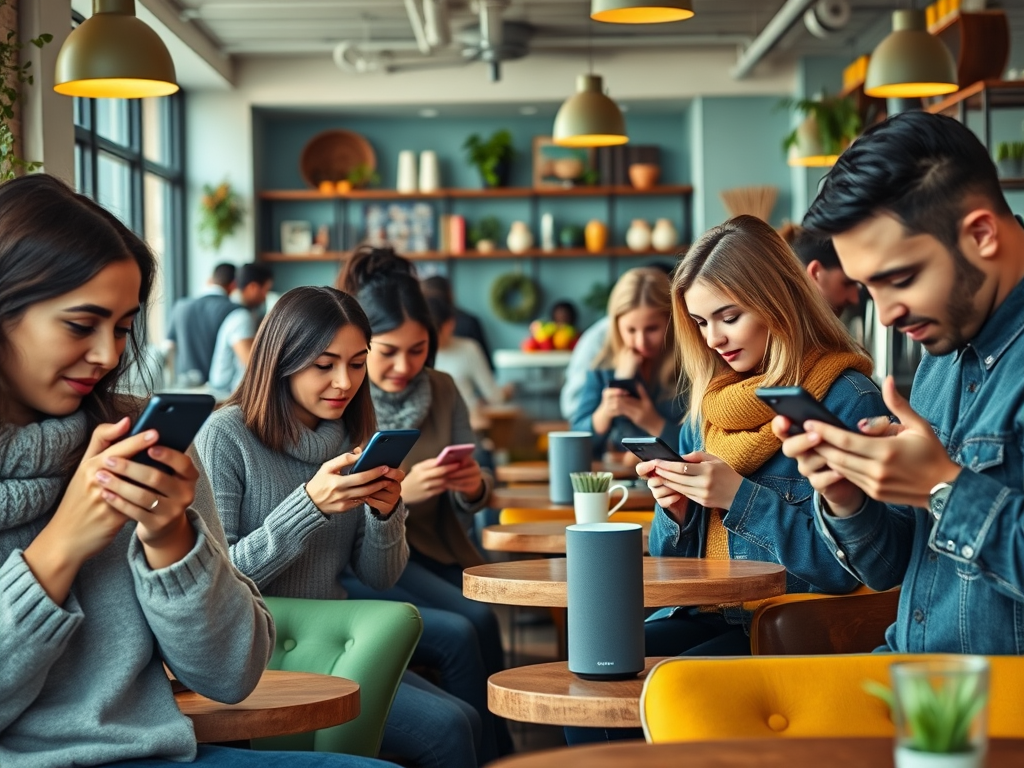 A group of young adults sits in a café, focused on their smartphones, with plants and a speaker nearby.