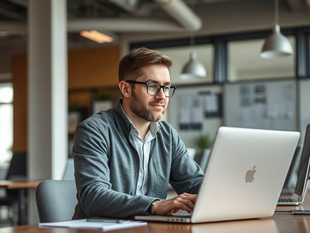 A man in a gray cardigan works intently on a laptop in a modern office setting.