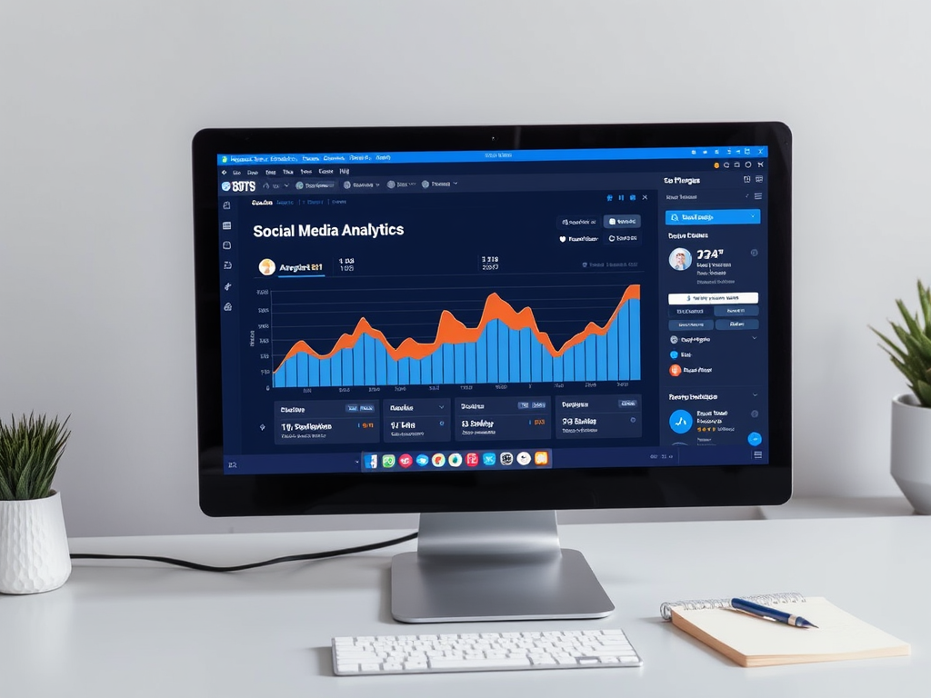 A computer monitor displaying a social media analytics dashboard with graphs and data insights.