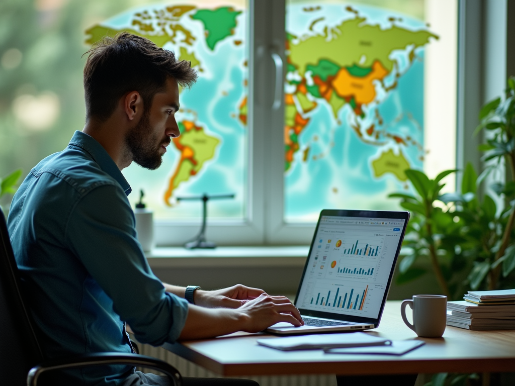 Man analyzing data on laptop with world map in background at cozy workspace.