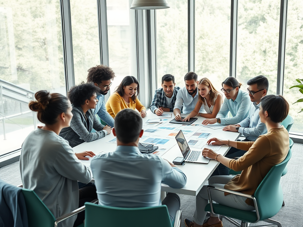 A diverse group of people engaged in a collaborative meeting around a table with papers and a laptop.